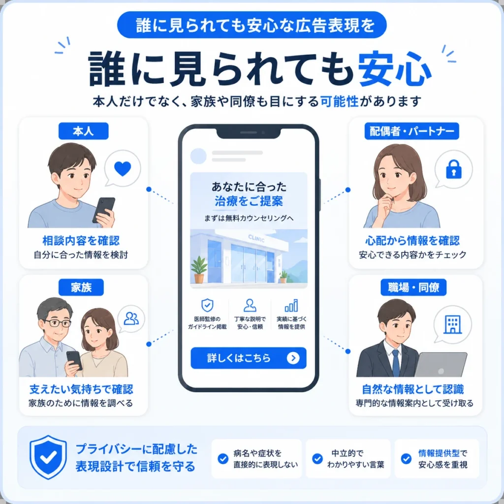 本人だけでなく家族や職場の同僚に見られても安心な広告表現を説明するイラスト