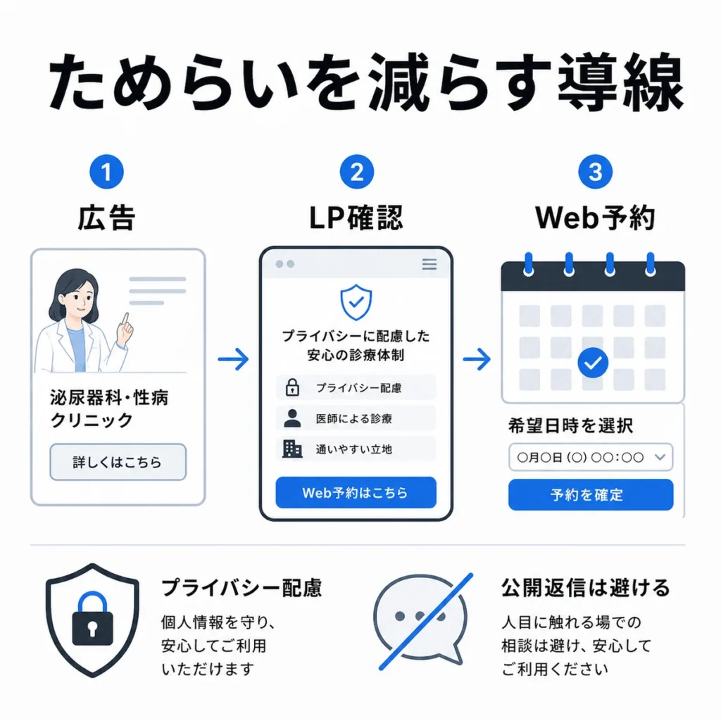 広告からLP確認、Web予約へ進む導線とプライバシー配慮を示すイラスト