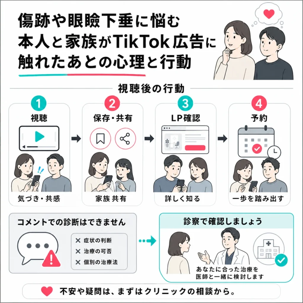 傷跡や眼瞼下垂に悩む本人と家族が広告視聴後に相談予約へ進む流れを示すイラスト
