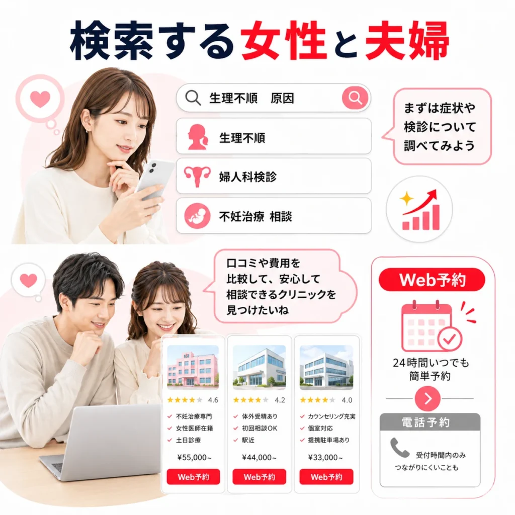 Yahoo!検索で婦人科症状や不妊相談を調べる女性と夫婦の本音を表すイラスト