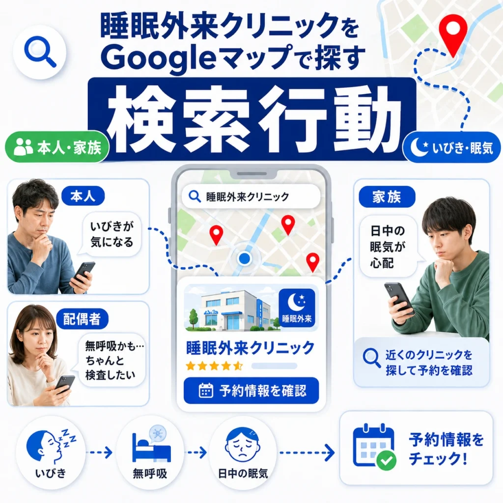 本人・配偶者・家族がいびきや眠気をきっかけに睡眠外来クリニックを検索する流れを示すイラスト