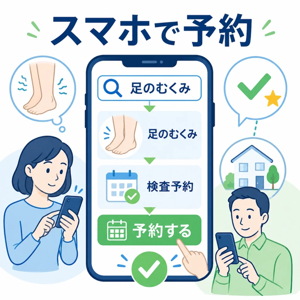 足のむくみをスマホで検索し検査予約へ進む本人と家族の行動を示すイラスト
