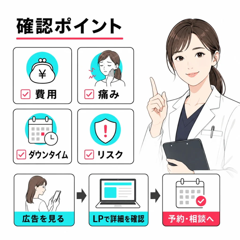 肌治療を検討する人が費用、痛み、ダウンタイム、リスクを確認する流れを示すイラスト