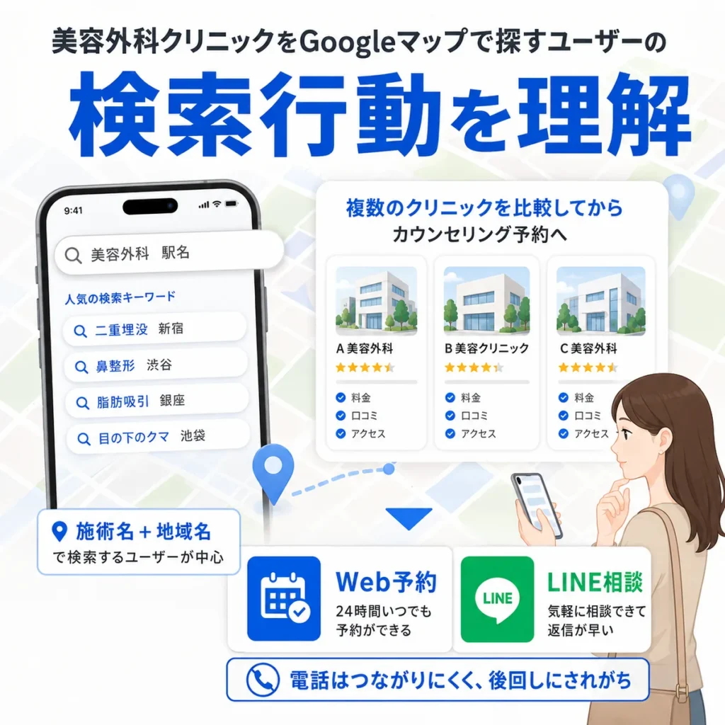 美容外科クリニックを探すユーザーが施術名と地域名で検索しWeb予約やLINE相談を検討するイラスト