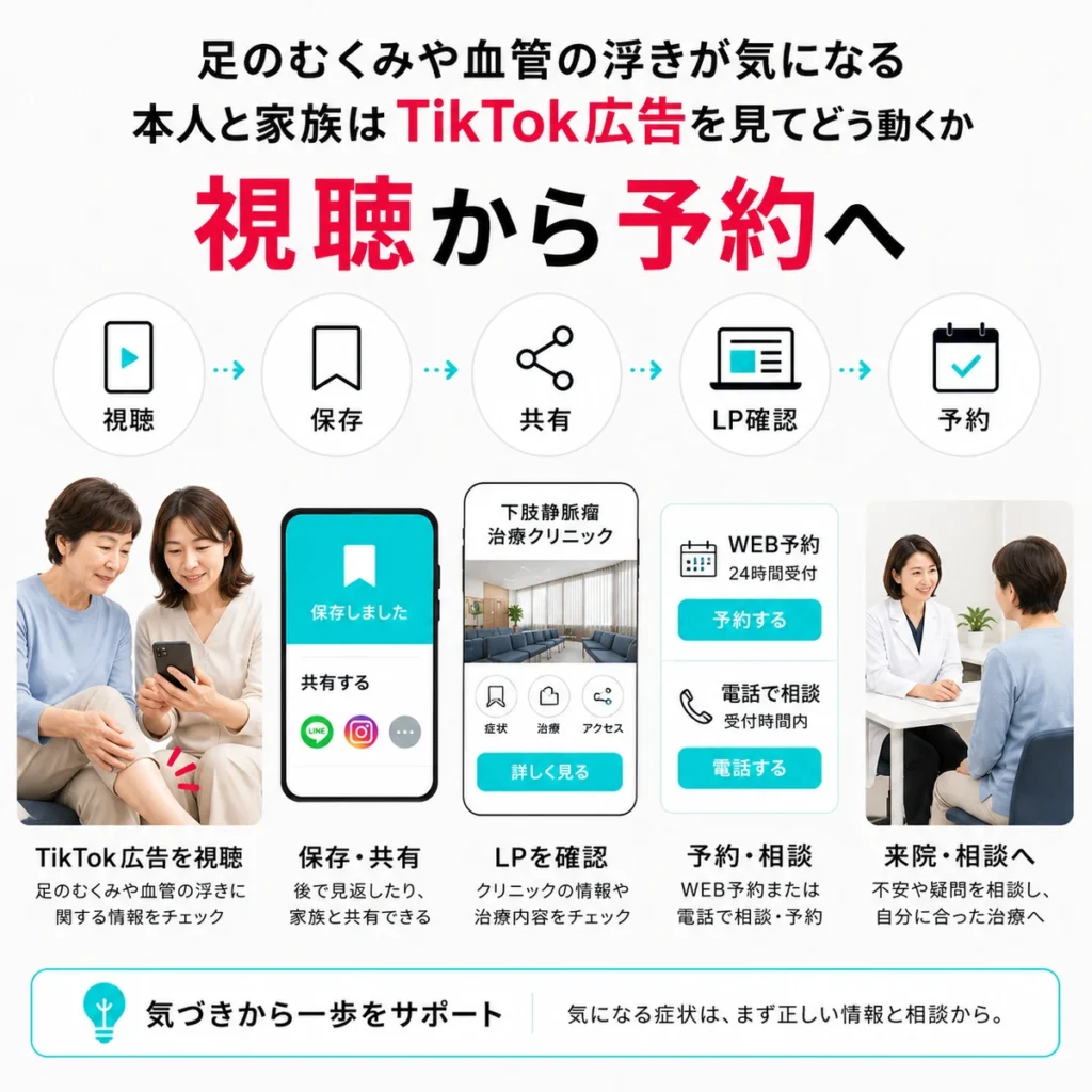 足のむくみや血管の浮きが気になる本人と家族が動画視聴から予約へ進む流れを示すイラスト