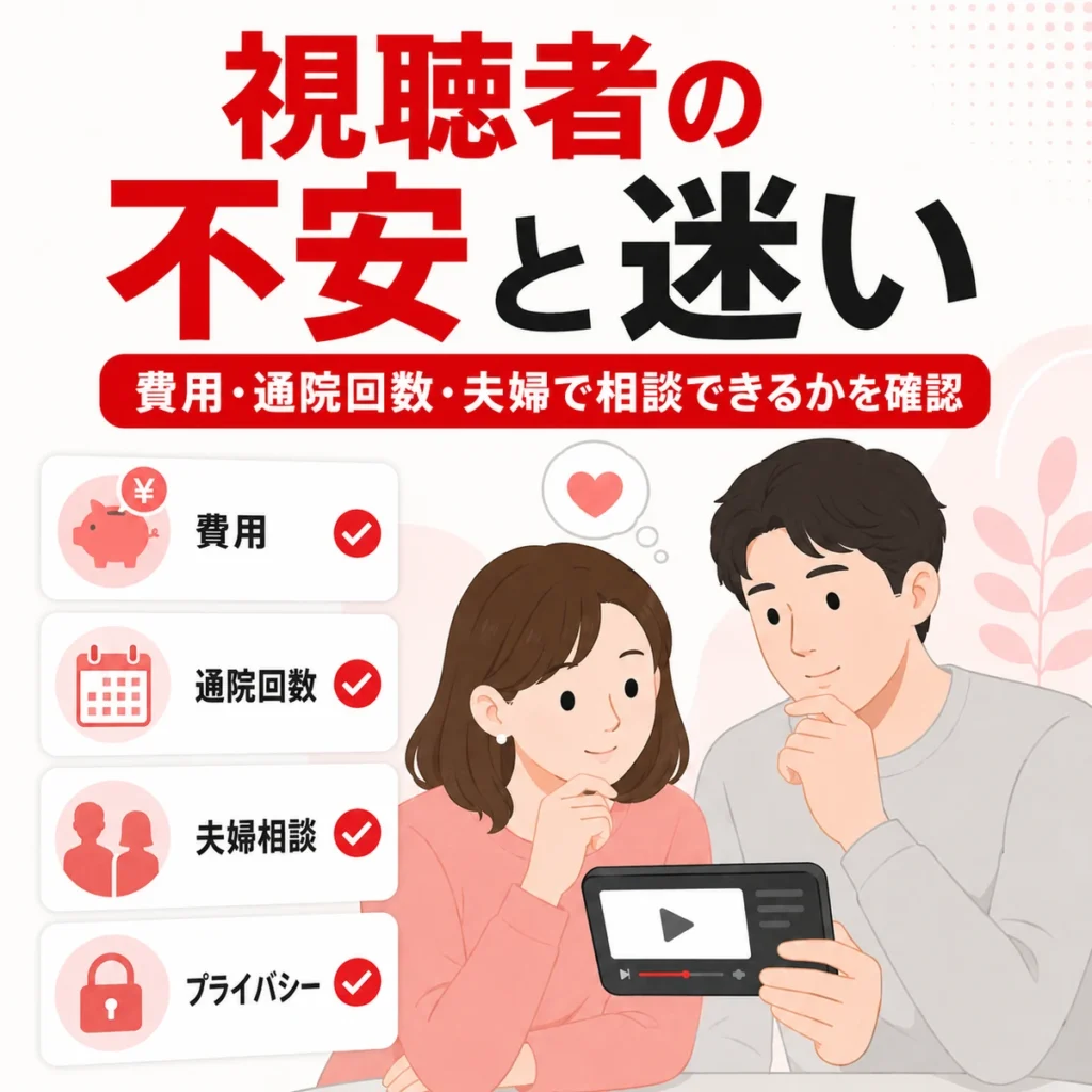 YouTube広告を見る本人や夫婦が費用や通院回数、プライバシーを確認する様子のイラスト