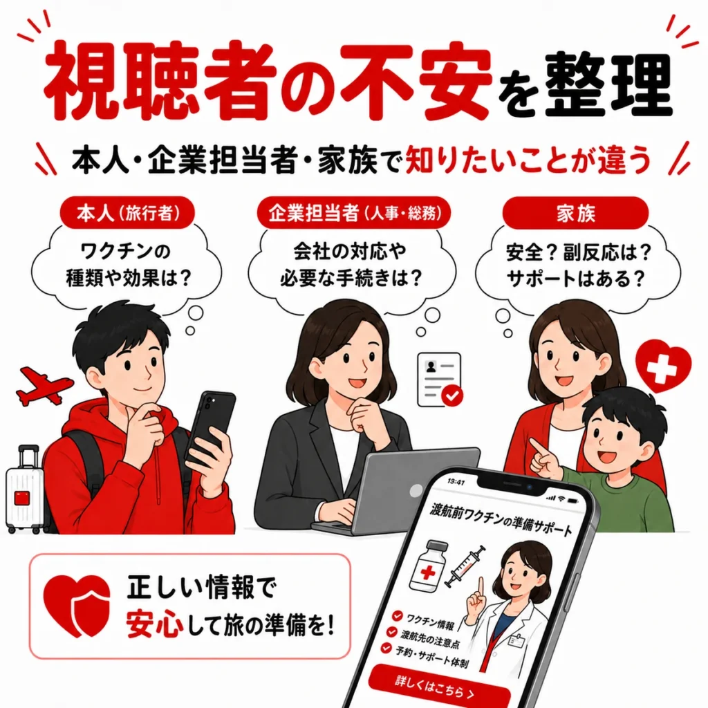 渡航予定者、企業担当者、家族それぞれの不安や知りたい情報を整理するイラスト