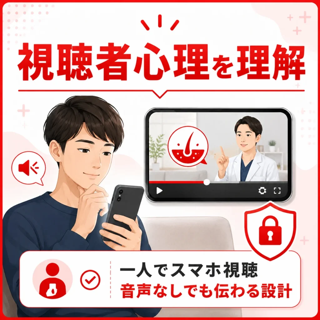 一人でスマホ視聴する薄毛治療広告の視聴者心理とプライバシー配慮を示すイラスト