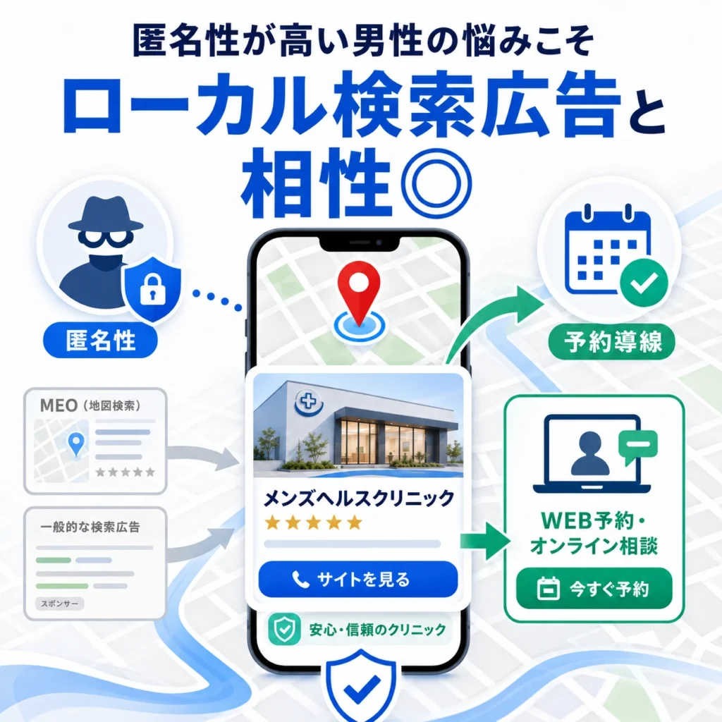 匿名性の高い男性の悩みとローカル検索広告の相性を、予約導線とあわせて示すイラスト