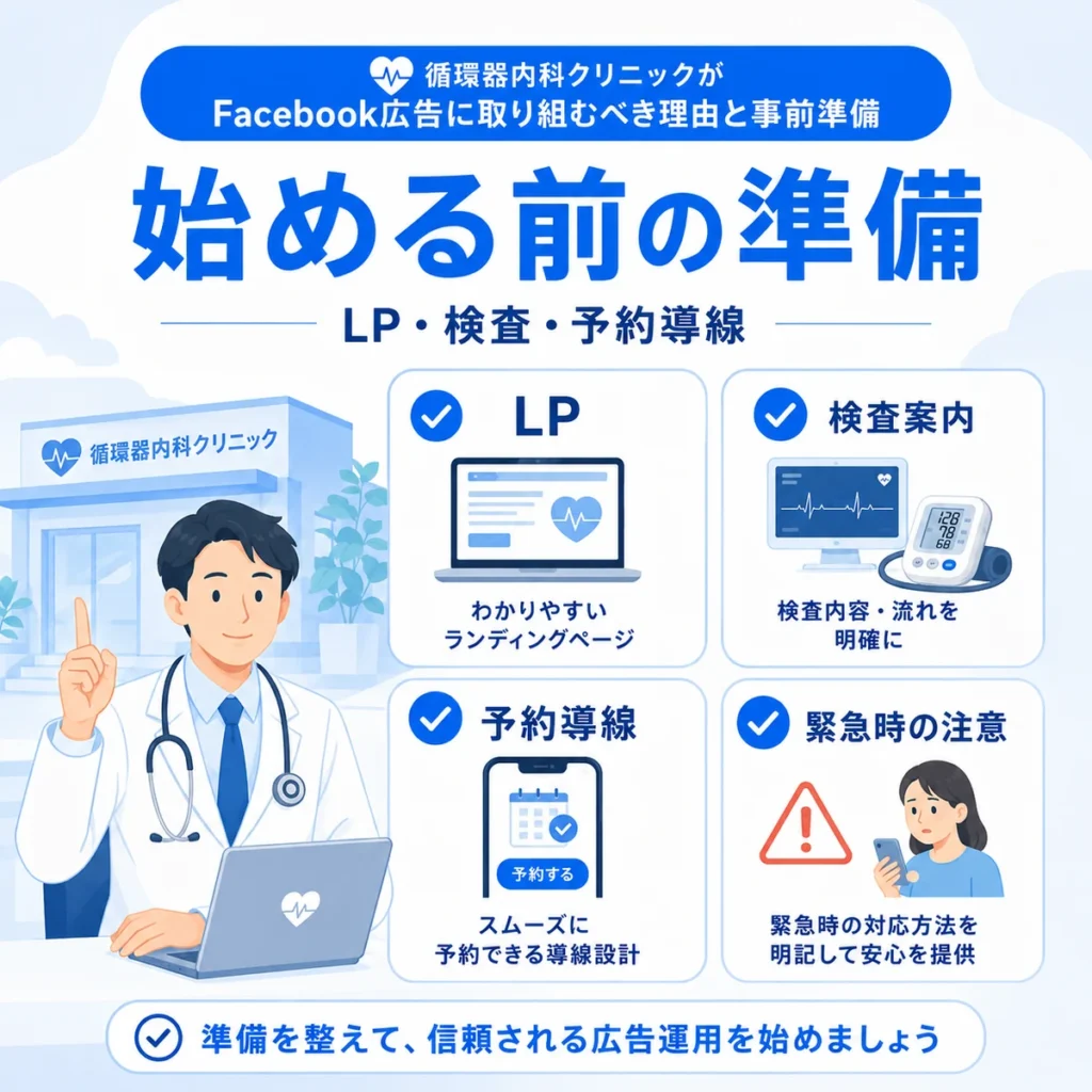 循環器内科クリニックがFacebook広告を始める前に整えるLPや検査案内や予約導線を示すイラスト