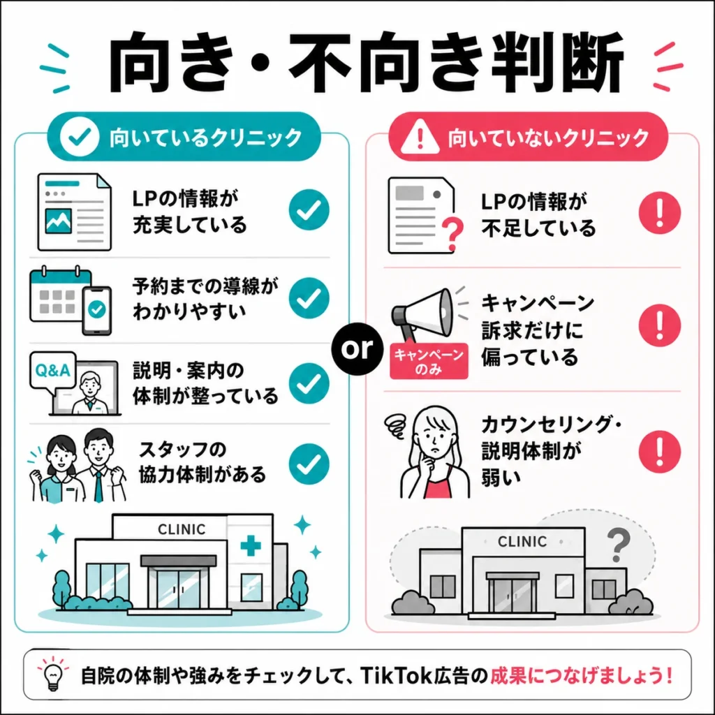 医療脱毛クリニックがTikTok広告に向いているかを判断する基準を比較したイラスト