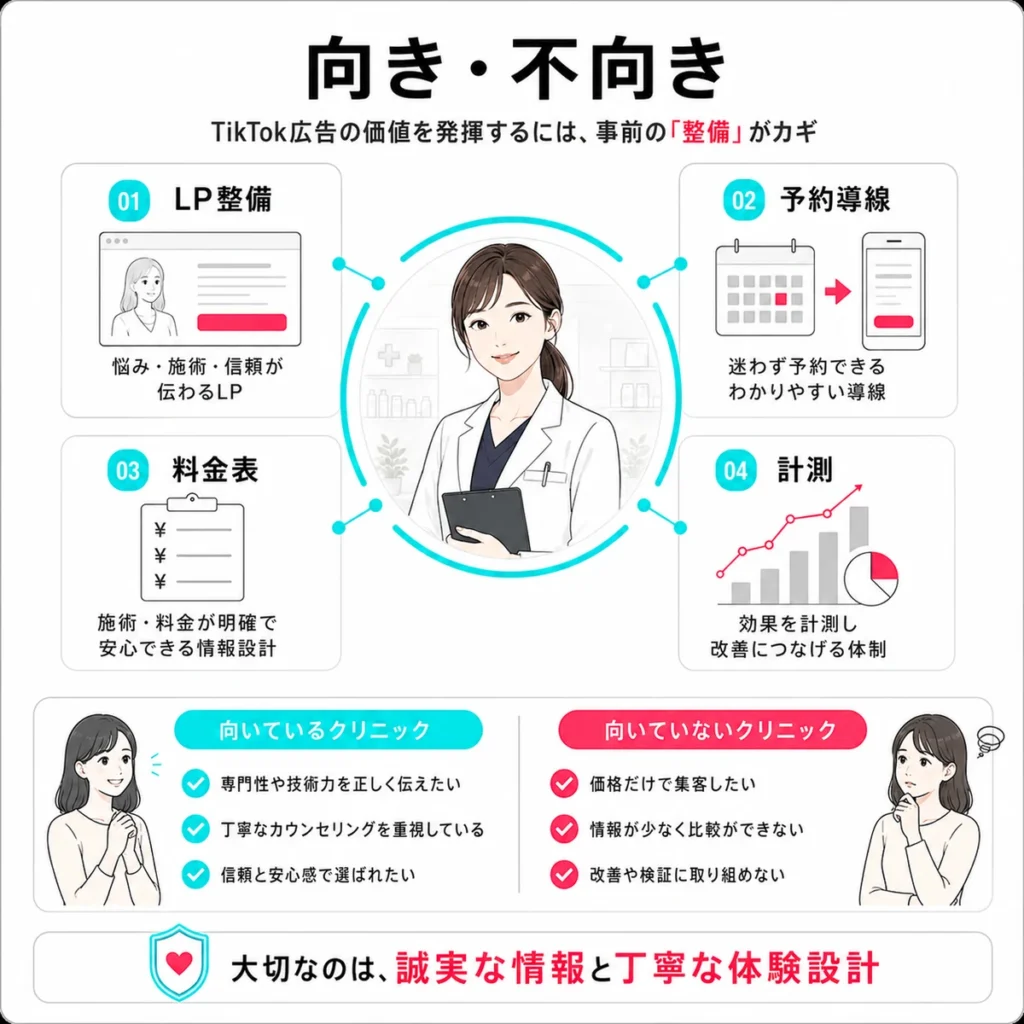 美容皮膚科クリニックがTikTok広告に向いている条件と事前整備を示すイラスト