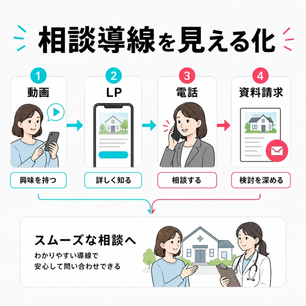 動画からLP、電話、資料請求へ進む訪問診療広告の相談導線を示すイラスト