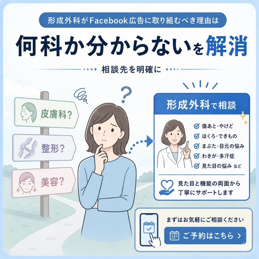 何科に相談すればよいか分からない状態から形成外科相談へ導く流れを示すイラスト
