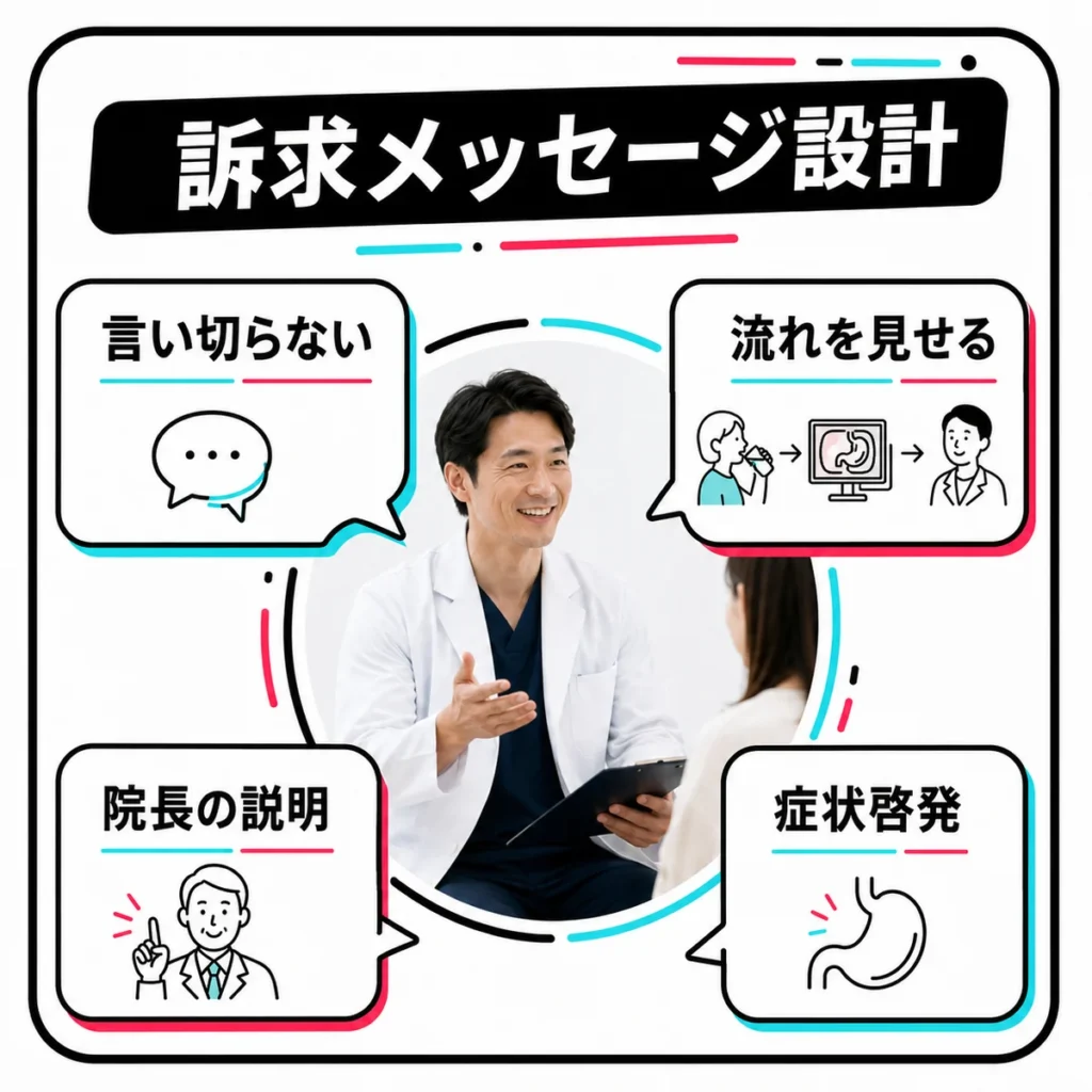 内視鏡クリニックのTikTok広告で反応を得る訴求メッセージ設計を示すイラスト