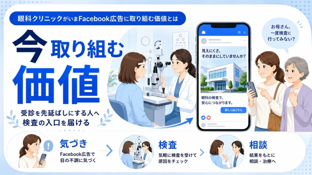 眼科クリニックがFacebook広告で受診を先延ばしにする人へ検査の入口を届ける価値を示すイラスト