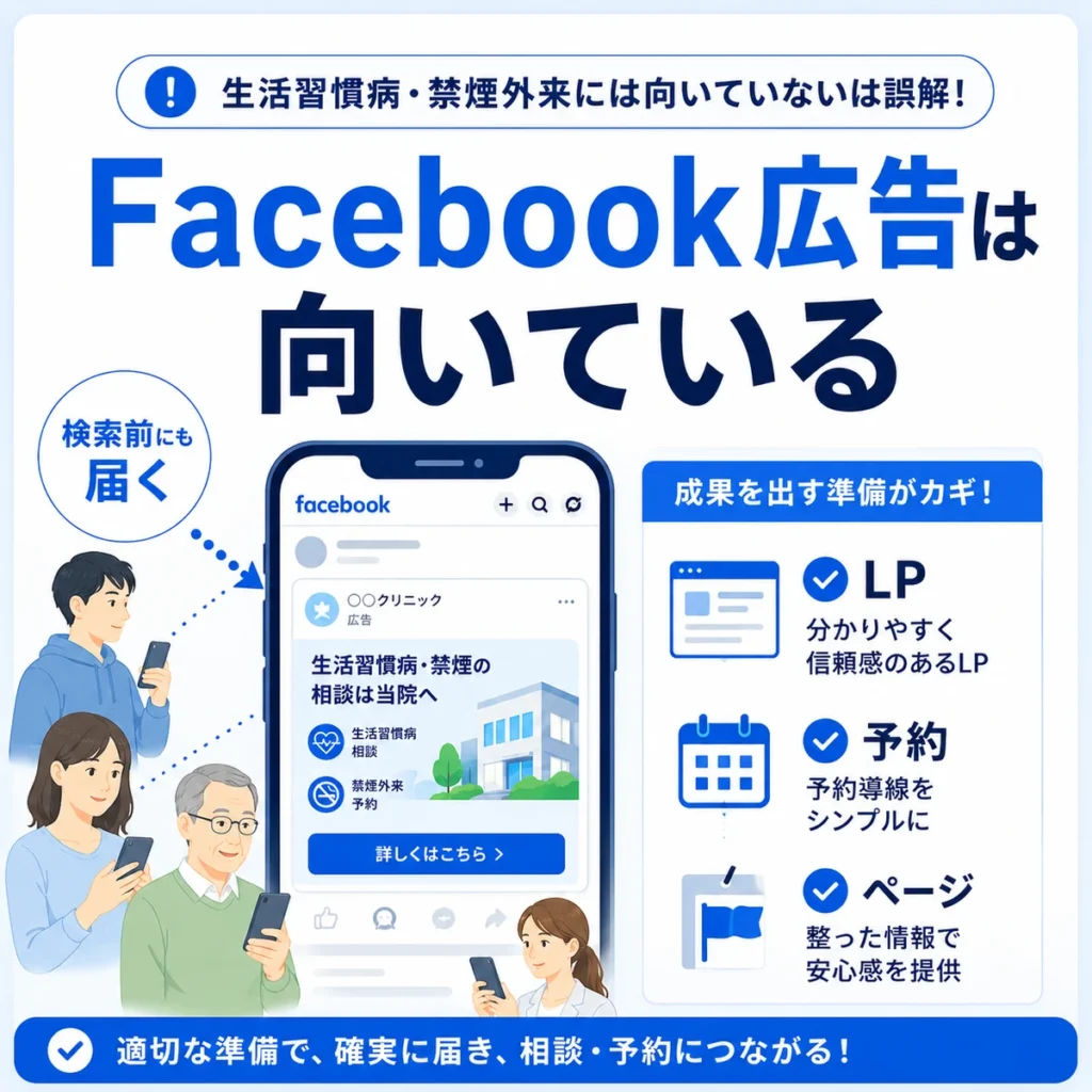 生活習慣病・禁煙外来にFacebook広告が向いている理由と準備事項を示すイラスト
