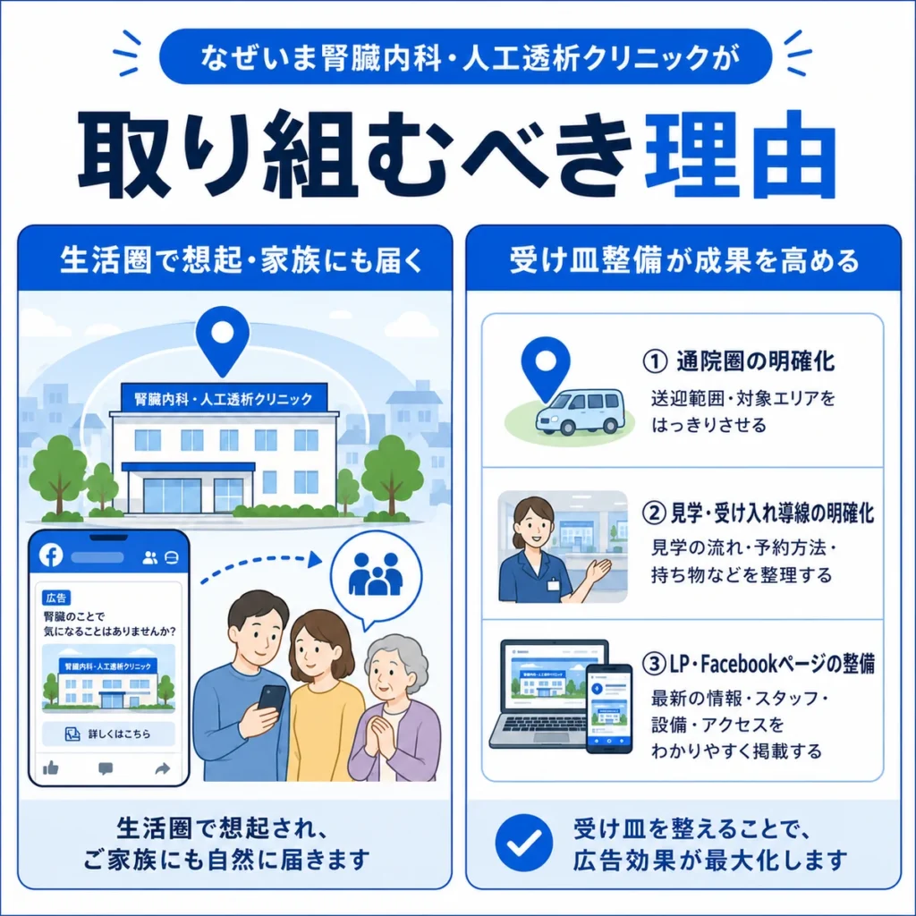 腎臓内科・人工透析クリニックがFacebook広告に取り組む理由と受け皿整備を示すイラスト