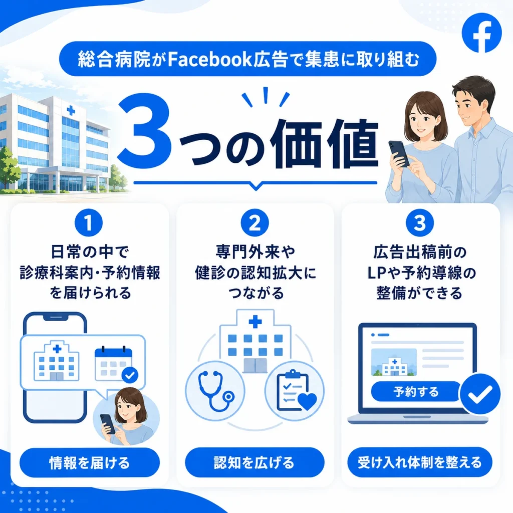 総合病院がFacebook広告で集患に取り組む3つの価値を整理したイラスト