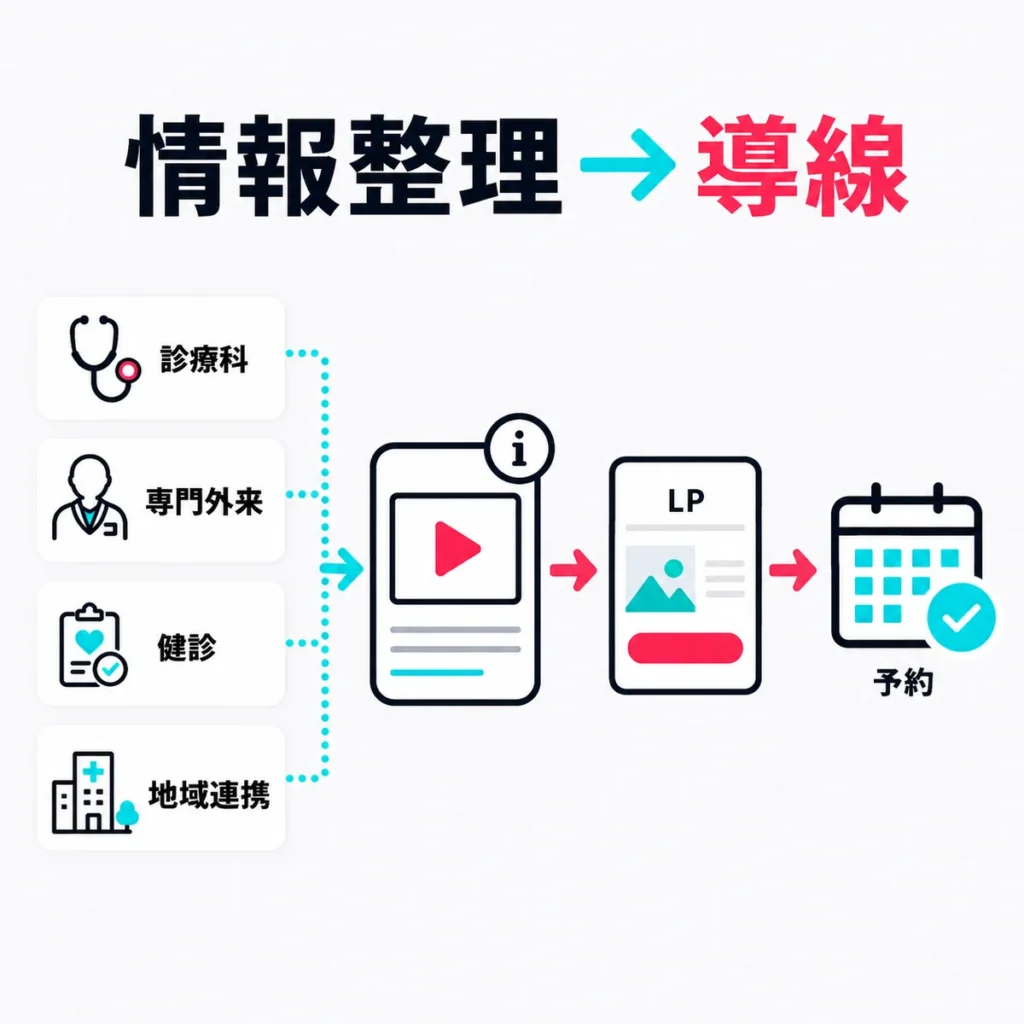 診療科や専門外来、健診、地域連携の情報を整理して予約導線につなげる流れを示すイラスト