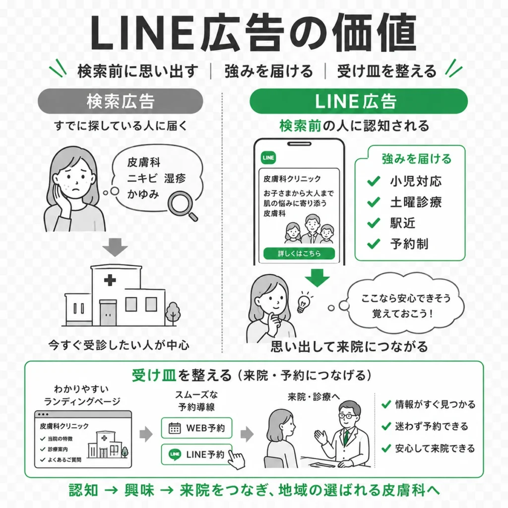 検索広告とLINE広告の違いを比較し皮膚科の強みや予約導線を届ける価値を示すイラスト