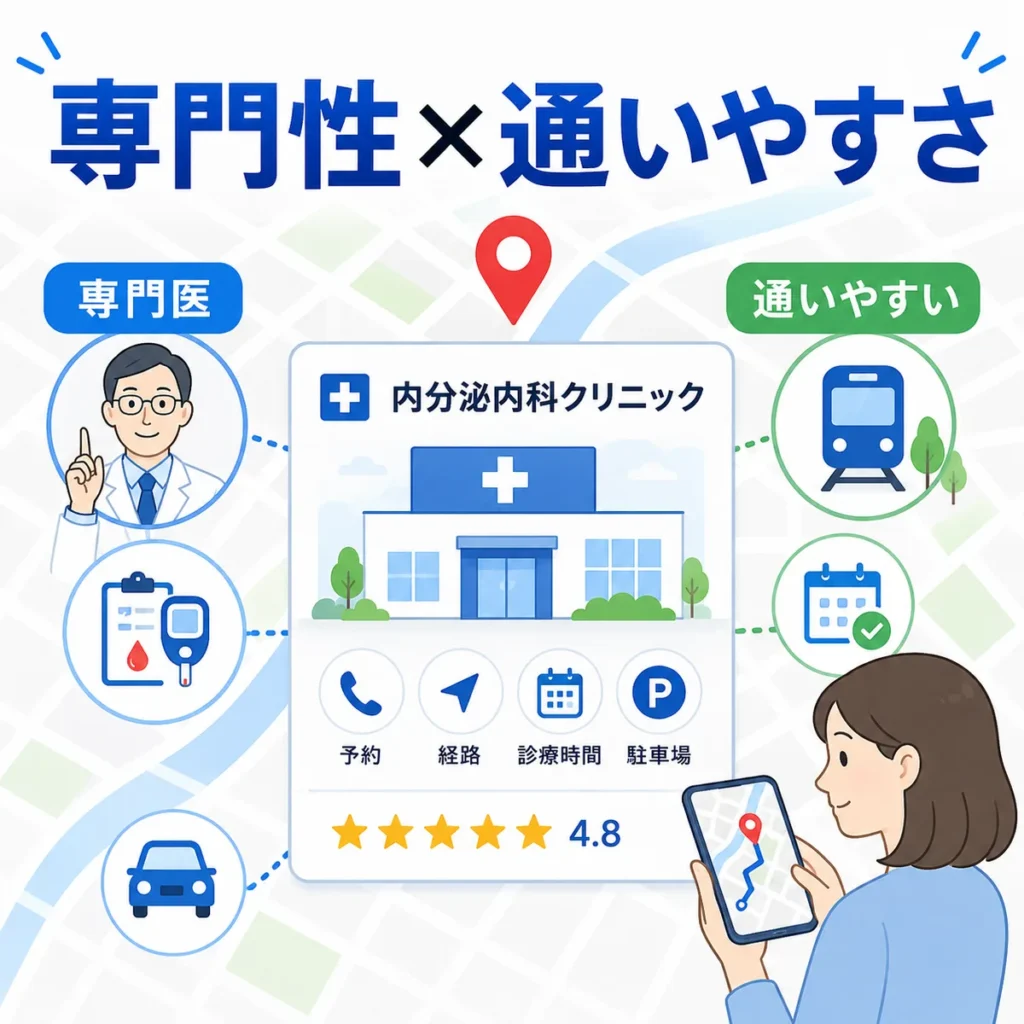 糖尿病・内分泌内科クリニックにローカル検索広告が向いている理由を示すイラスト
