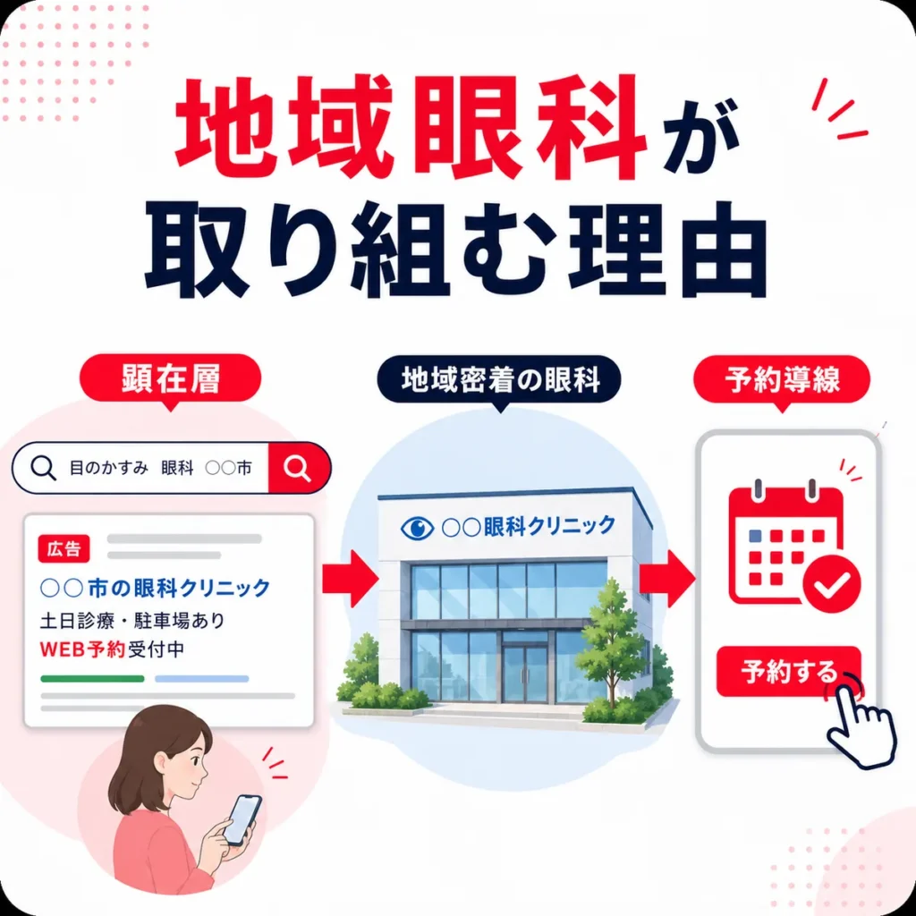 地域密着の眼科が検索広告から予約導線につなげる流れを示すイラスト