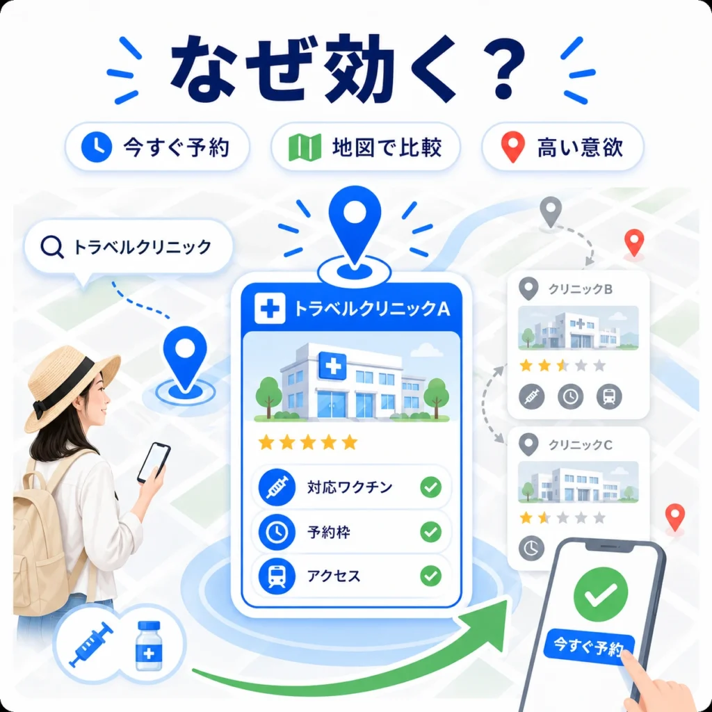 今すぐ予約したい人が地図でトラベルクリニックを比較し予約へ進む流れを示すイラスト