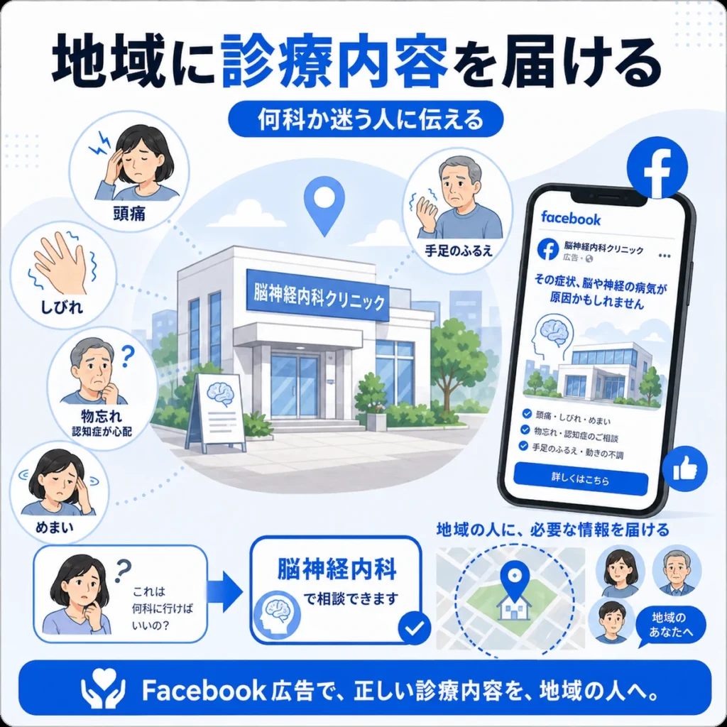 地域の人へ脳神経内科の診療内容をFacebook広告で伝える意義を示すイラスト