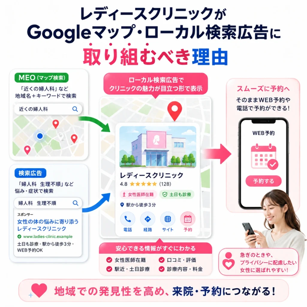 MEOや検索広告からマップ上のクリニック表示と予約導線へつながる理由を説明するイラスト