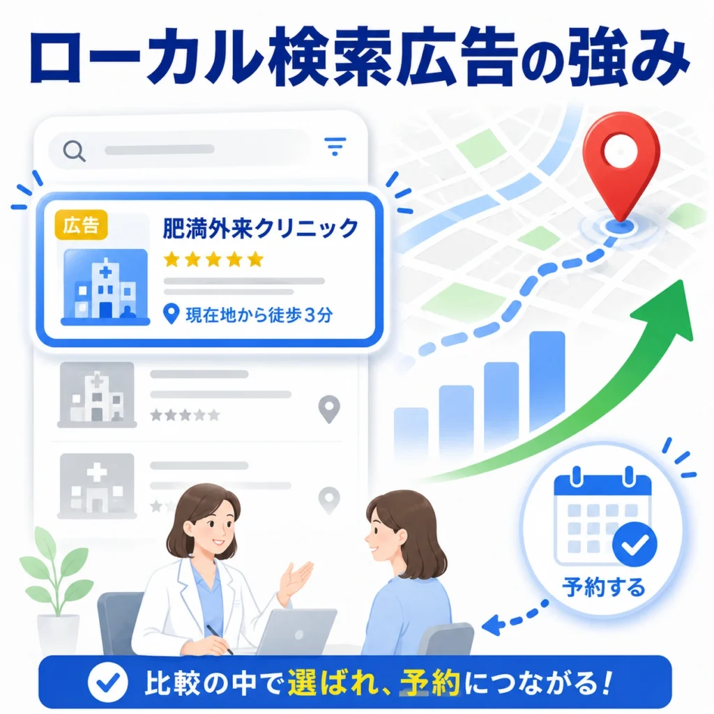 ローカル検索広告で肥満外来クリニックが比較中の患者に見つかり予約につながる強みを示すイラスト