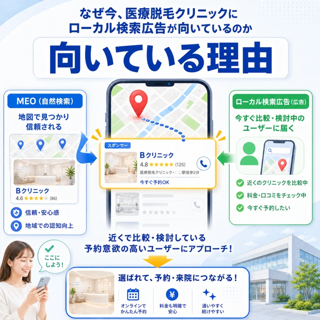 医療脱毛クリニックにローカル検索広告が向いている理由をMEOと広告の役割で説明するイラスト
