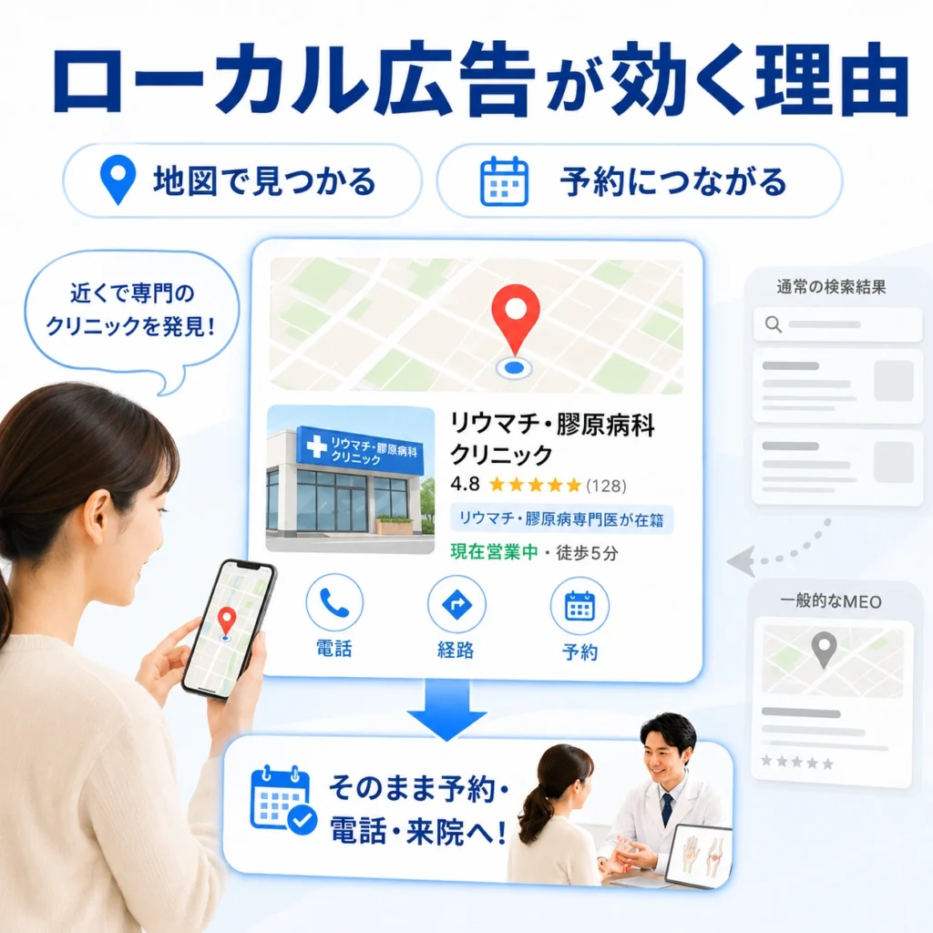 ローカル検索広告で専門クリニックを地図上で見つけ、そのまま予約や来院につながる流れを示すイラスト