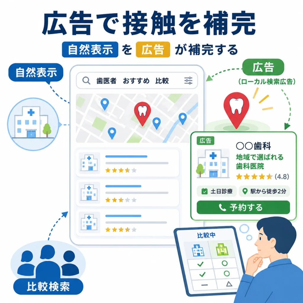 MEOの自然表示だけでは届きにくい比較検索層へローカル検索広告で接触を補完するイラスト