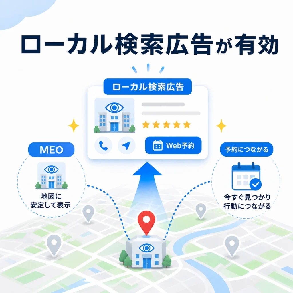 地域密着の眼科がローカル検索広告で地図上の露出を高め予約につなげる流れを示すイラスト