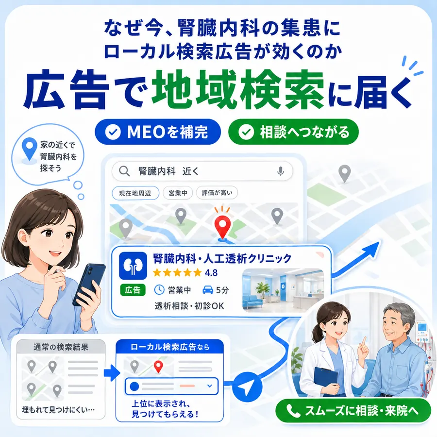 透析クリニックを患者本人・家族・紹介元がそれぞれ異なる目的で検索する様子を示すイラスト