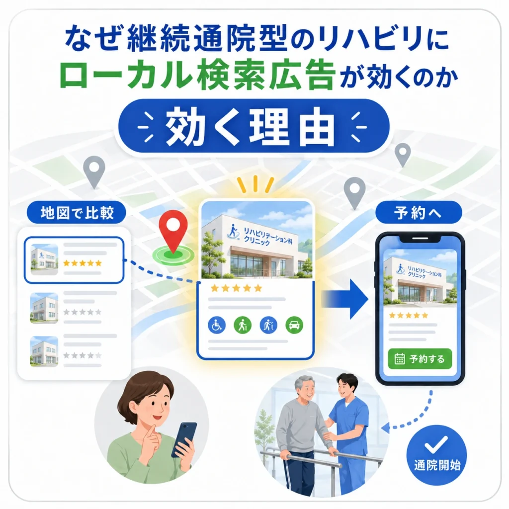 継続通院型リハビリで地図比較から予約・通院開始へつながる流れを示すイラスト
