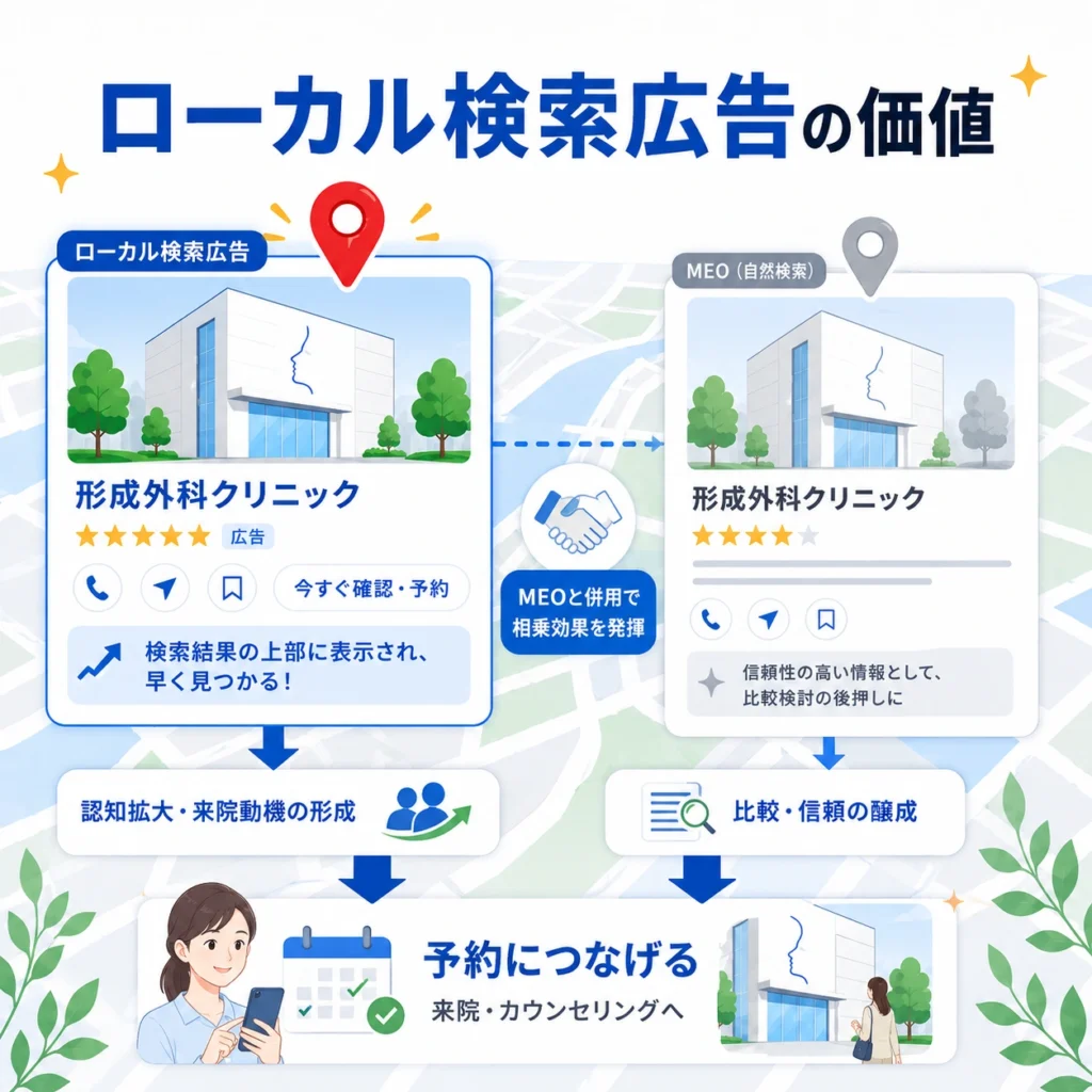 ローカル検索広告とMEOを併用して形成外科クリニックの認知と予約につなげる価値を示すイラスト