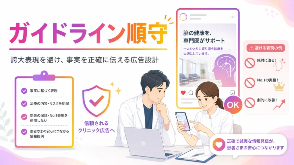医療広告ガイドラインを守り誠実な広告表現を確認するイラスト