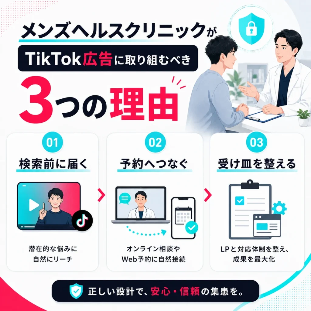 メンズヘルスクリニックがTikTok広告に取り組む3つの理由を説明するイラスト