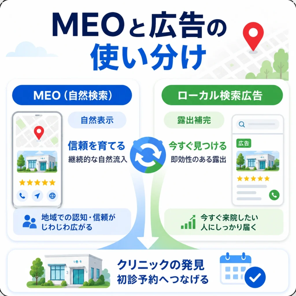 MEOとローカル検索広告の役割を分けて心療内科の集患につなげる考え方を示すイラスト