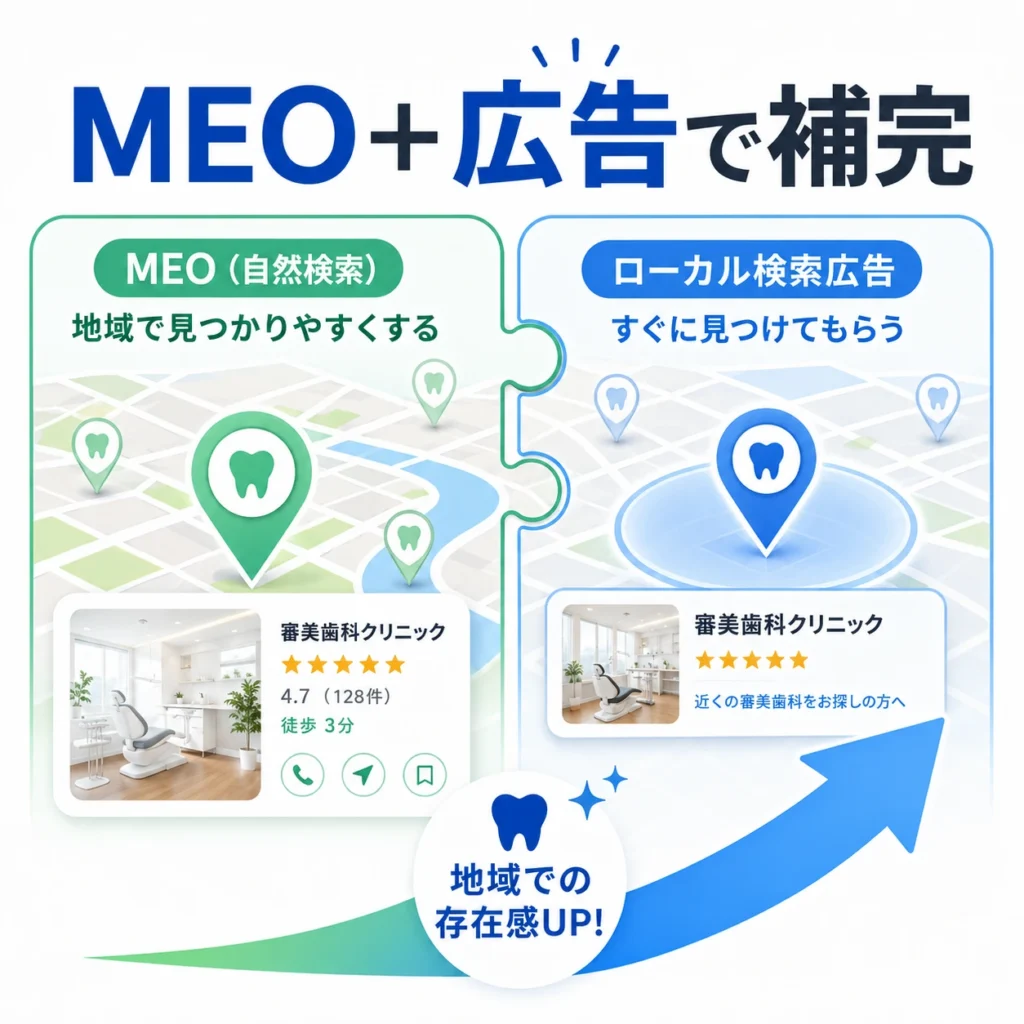 MEOとローカル検索広告が地域検索で互いに補完し合う関係を示すイラスト