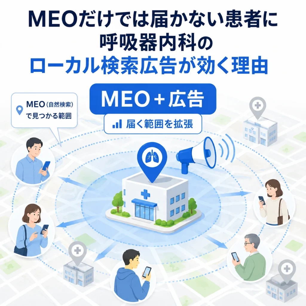 MEOだけでは届きにくい近隣患者へローカル検索広告で認知を広げる様子を示すイラスト