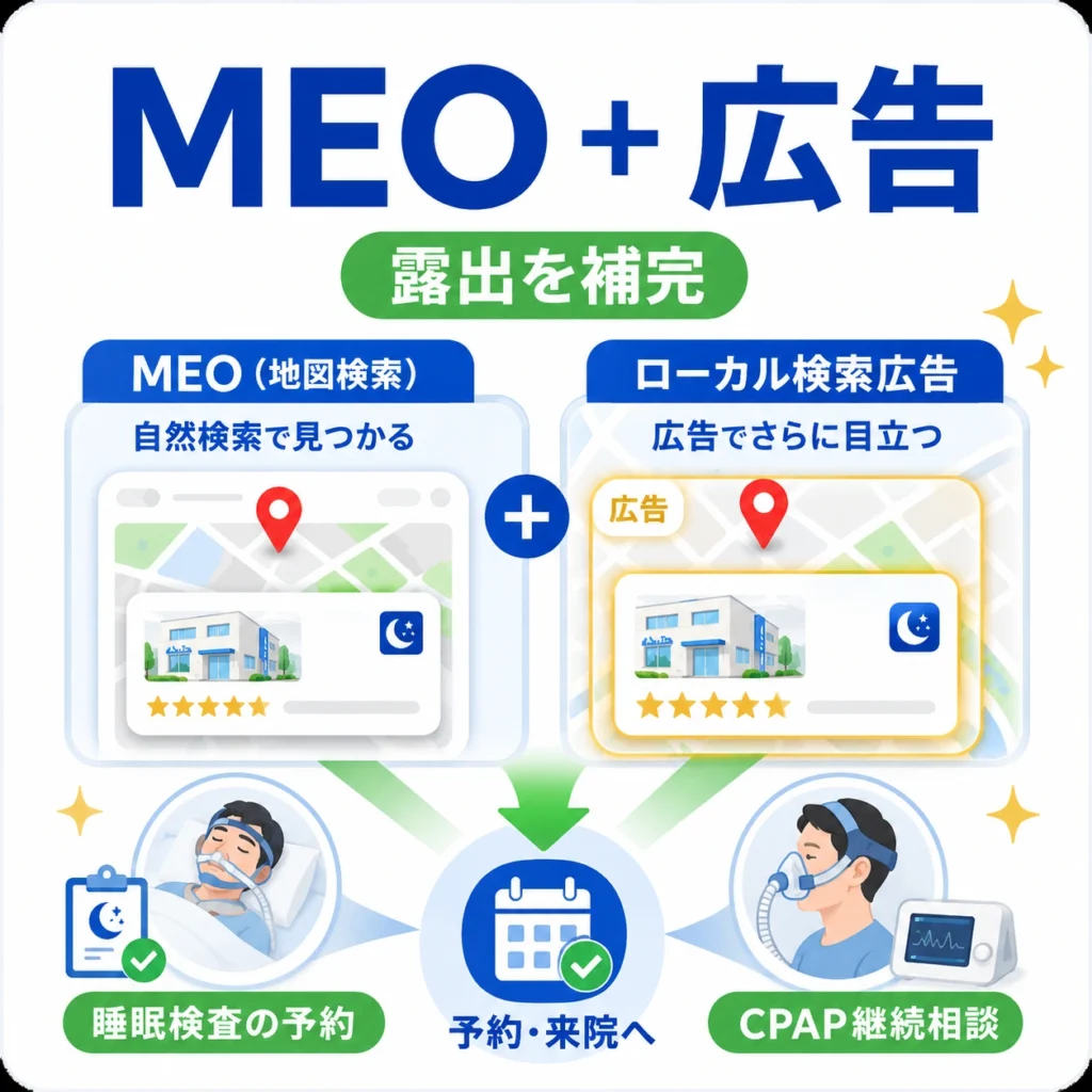 MEOとローカル検索広告を組み合わせて睡眠外来クリニックの露出を補完する考え方を示すイラスト
