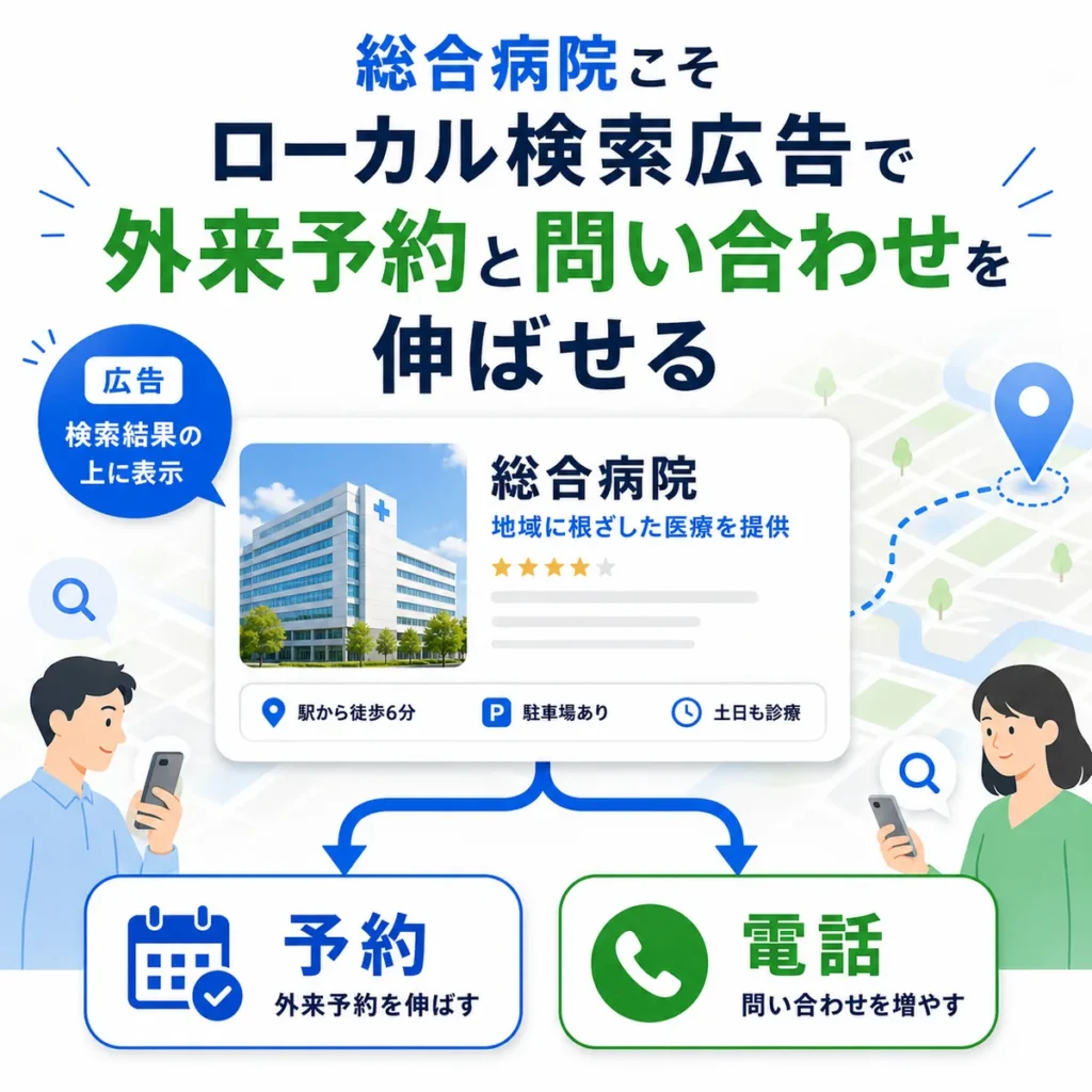 ローカル検索広告から外来予約や電話問い合わせにつなげる導線を示すイラスト