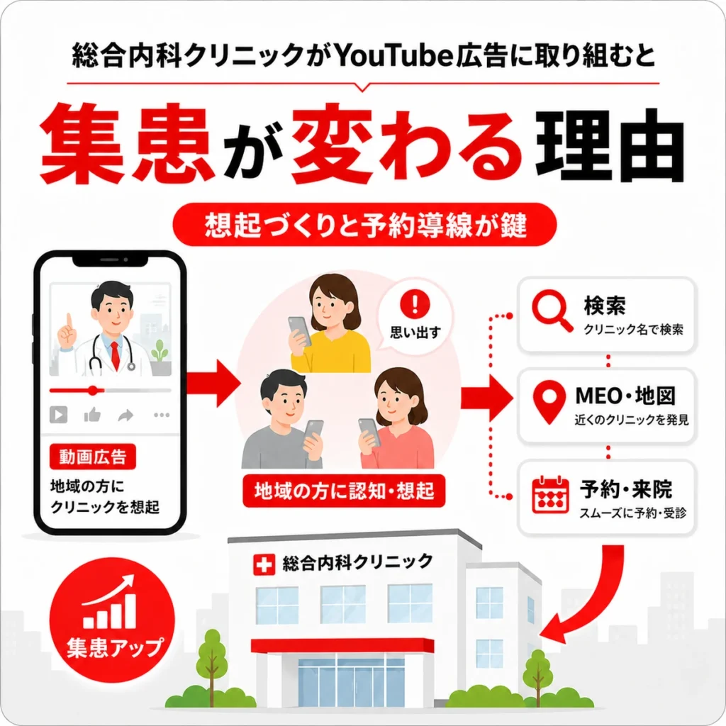 総合内科クリニックがYouTube広告で認知と予約導線を強化し集患を変える理由を示すイラスト