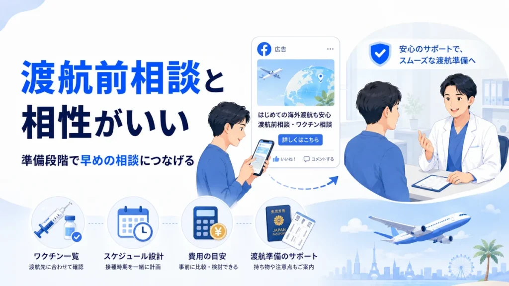 渡航前の準備段階でFacebook広告から相談につながる流れを示すイラスト