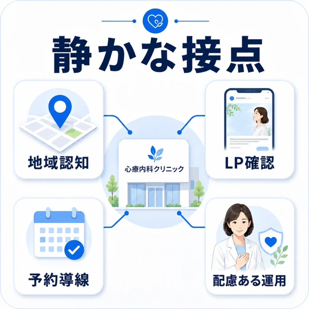 地域認知やLP確認、予約導線など心療内科広告の静かな接点を示すイラスト