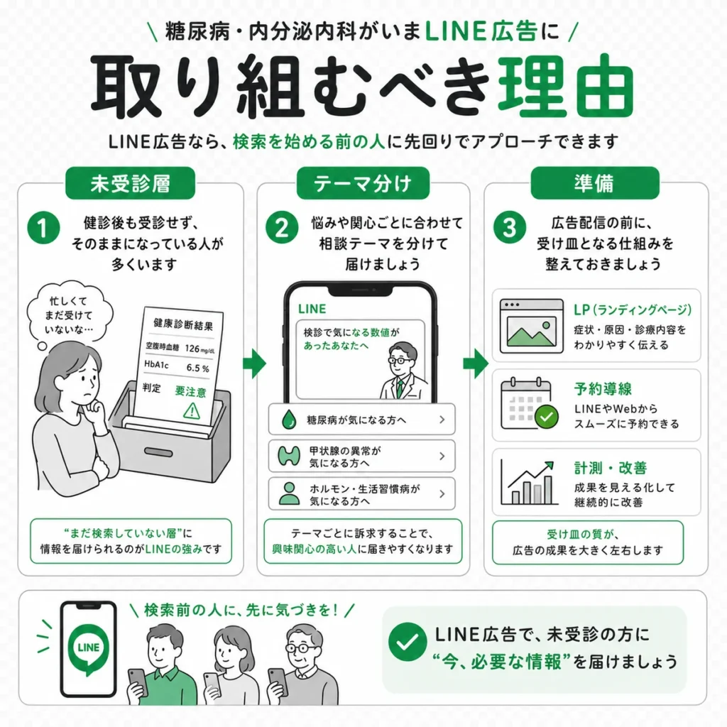 糖尿病・内分泌内科が未受診層へLINE広告で情報を届ける理由を示すイラスト