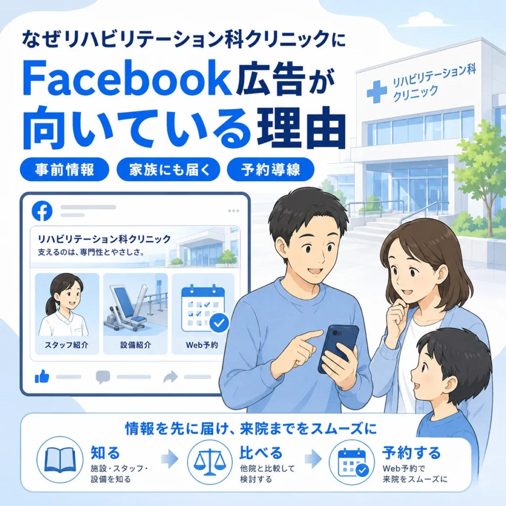リハビリテーション科クリニックにFacebook広告が向いている理由を事前情報や予約導線とともに示すイラスト